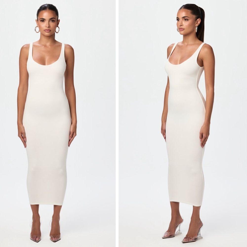 Naked Wardrobe White Stretch Ribbed Midi Dress